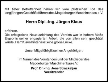 Traueranzeige von Jürgen Klaus  von Magdeburger Volksstimme