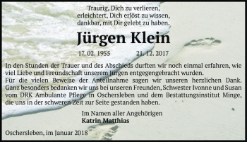 Traueranzeige von Jürgen Klein  von Magdeburger Volksstimme