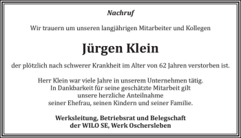 Traueranzeige von Jürgen Klein  von Magdeburger Volksstimme