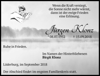 Traueranzeige von Jürgen Klonz  von Magdeburger Volksstimme