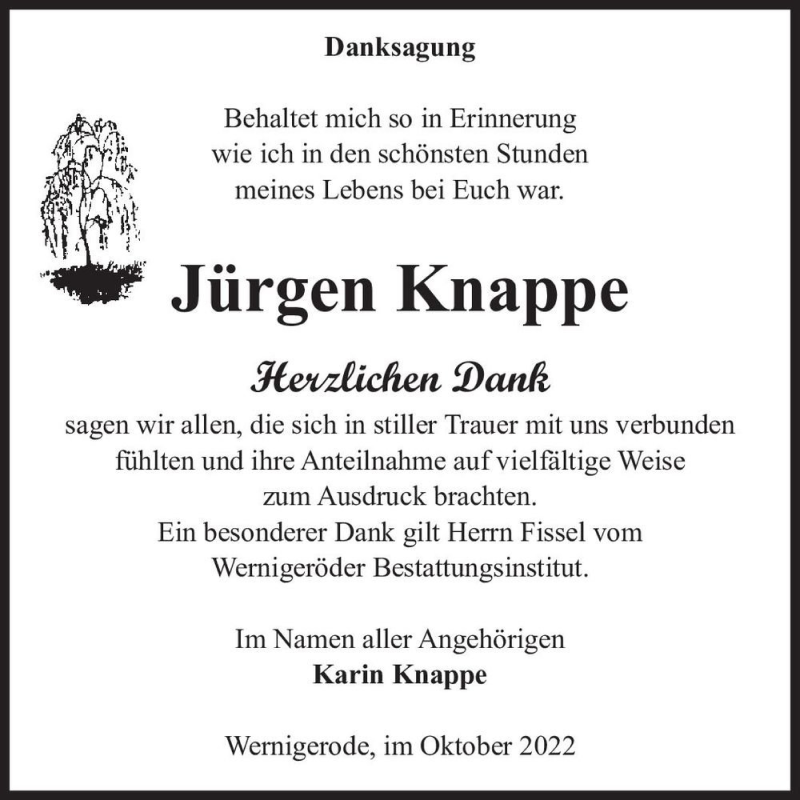  Traueranzeige für Jürgen Knappe  vom 15.10.2022 aus Magdeburger Volksstimme