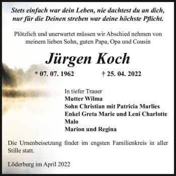 Traueranzeige von Jürgen Koch  von Magdeburger Volksstimme