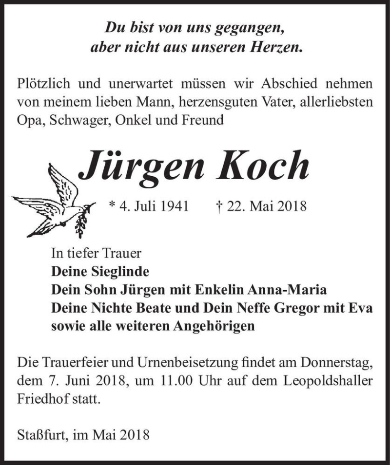  Traueranzeige für Jürgen Koch  vom 02.06.2018 aus Magdeburger Volksstimme