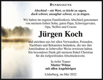 Traueranzeige von Jürgen Koch  von Magdeburger Volksstimme