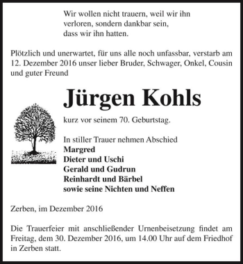 Traueranzeige von Jürgen Kohls  von Magdeburger Volksstimme