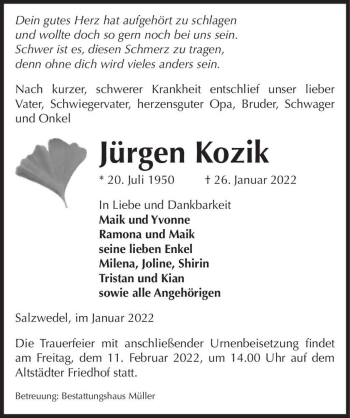Traueranzeige von Jürgen Kozik  von Magdeburger Volksstimme