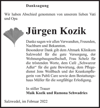 Traueranzeige von Jürgen Kozik  von Magdeburger Volksstimme