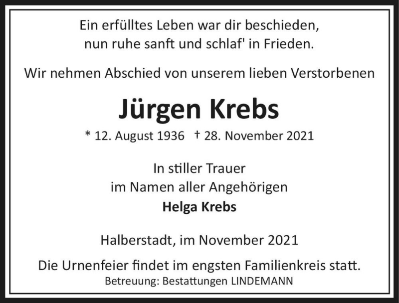  Traueranzeige für Jürgen Krebs  vom 04.12.2021 aus Magdeburger Volksstimme