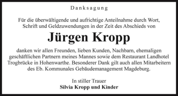 Traueranzeige von Jürgen Kropp  von Magdeburger Volksstimme
