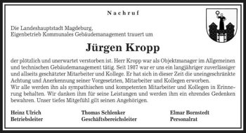 Traueranzeige von Jürgen Kropp  von Magdeburger Volksstimme