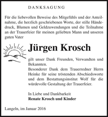 Traueranzeige von Jürgen Krosch  von Magdeburger Volksstimme