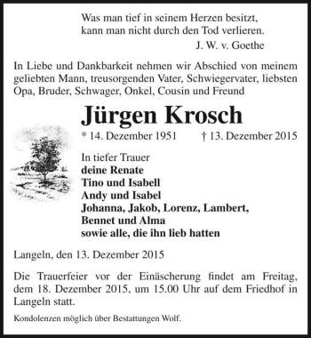 Traueranzeige von Jürgen Krosch  von Magdeburger Volksstimme
