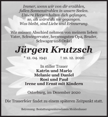 Traueranzeige von Jürgen Krutzsch  von Magdeburger Volksstimme