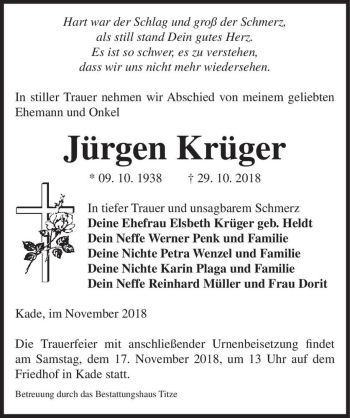 Traueranzeige von Jürgen Krüger  von Magdeburger Volksstimme