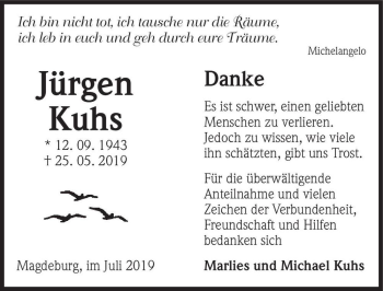 Traueranzeige von Jürgen Kuhs  von Magdeburger Volksstimme