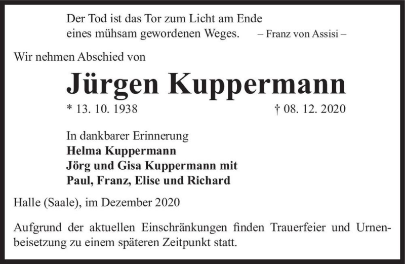  Traueranzeige für Jürgen Kuppermann  vom 19.12.2020 aus Magdeburger Volksstimme