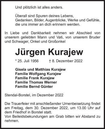 Traueranzeige von Jürgen Kurajew  von Magdeburger Volksstimme