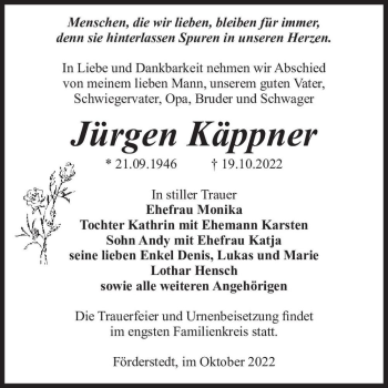 Traueranzeige von Jürgen Käppner  von Magdeburger Volksstimme