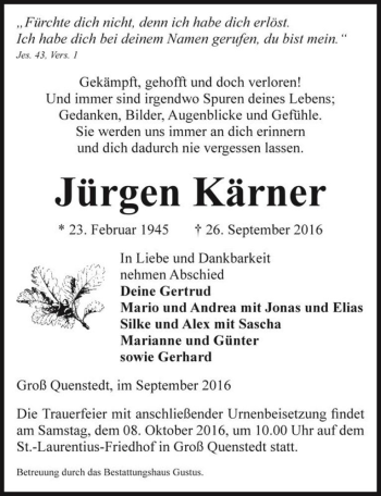 Traueranzeige von Jürgen Kärner  von Magdeburger Volksstimme