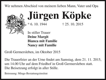 Traueranzeige von Jürgen Köpke  von Magdeburger Volksstimme