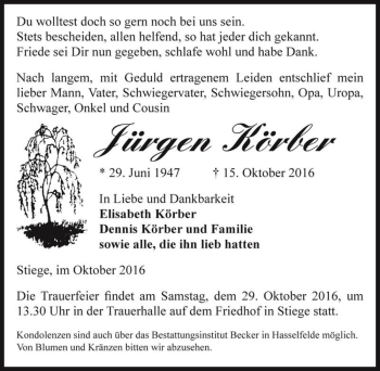 Traueranzeige von Jürgen Körber  von Magdeburger Volksstimme