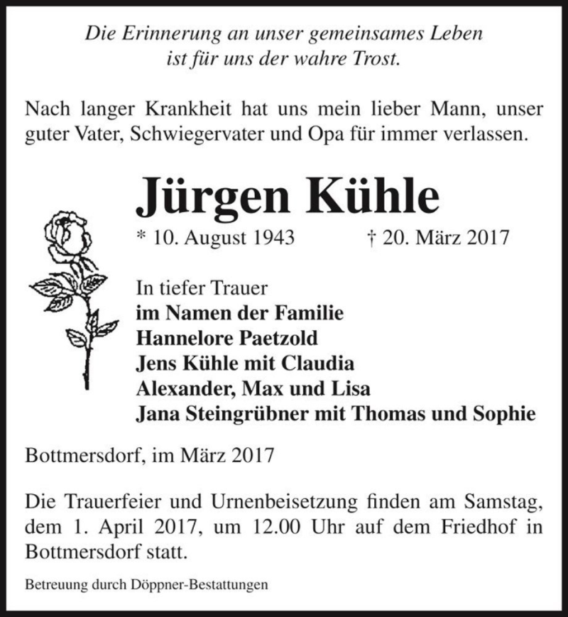  Traueranzeige für Jürgen Kühle  vom 23.03.2017 aus Magdeburger Volksstimme