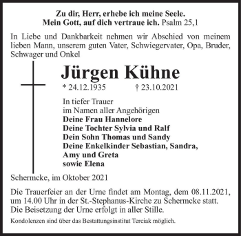 Traueranzeige von Jürgen Kühne  von Magdeburger Volksstimme