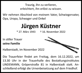 Traueranzeige von Jürgen Küstner  von Magdeburger Volksstimme
