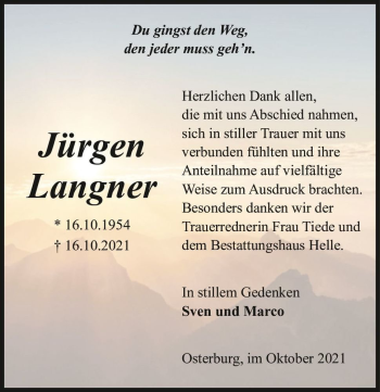 Traueranzeige von Jürgen Langner  von Magdeburger Volksstimme