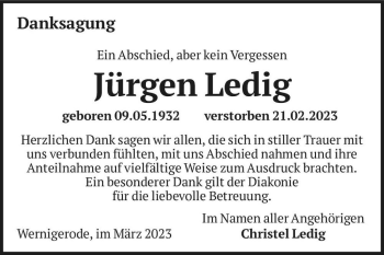 Traueranzeige von Jürgen Ledig  von Magdeburger Volksstimme