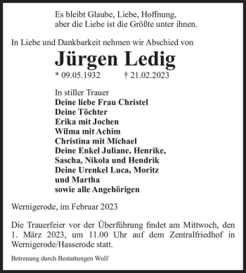 Traueranzeige von Jürgen Ledig  von Magdeburger Volksstimme