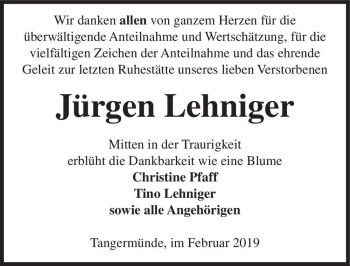 Traueranzeige von Jürgen Lehniger  von Magdeburger Volksstimme