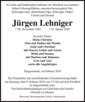 Traueranzeige von Jürgen Lehniger  von Magdeburger Volksstimme