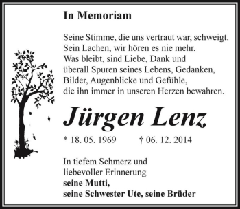 Traueranzeige von Jürgen Lenz  von Magdeburger Volksstimme
