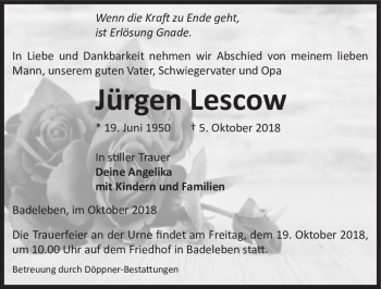 Traueranzeige von Jürgen Lescow  von Magdeburger Volksstimme