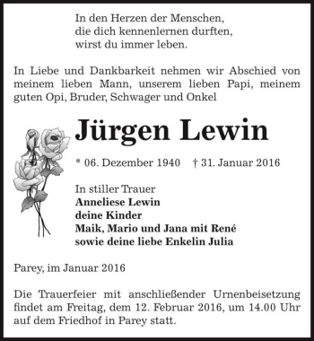 Traueranzeige von Jürgen Lewin  von Magdeburger Volksstimme