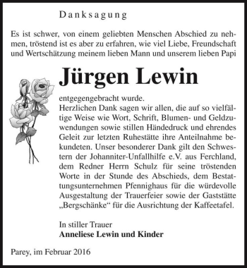 Traueranzeige von Jürgen Lewin  von Magdeburger Volksstimme