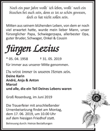 Traueranzeige von Jürgen Lezius  von Magdeburger Volksstimme