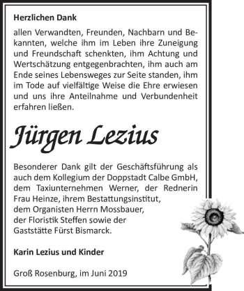 Traueranzeige von Jürgen Lezius  von Magdeburger Volksstimme