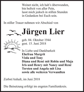 Traueranzeige von Jürgen Lier  von Magdeburger Volksstimme