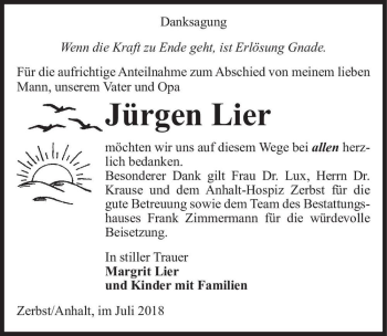 Traueranzeige von Jürgen Lier  von Magdeburger Volksstimme