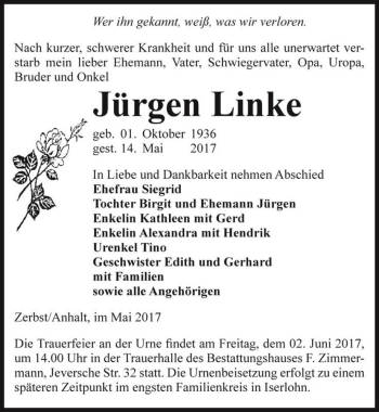 Traueranzeige von Jürgen Linke  von Magdeburger Volksstimme