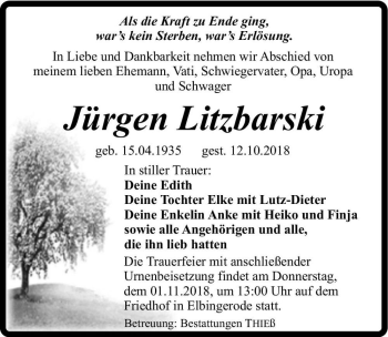 Traueranzeige von Jürgen Litzbarski  von Magdeburger Volksstimme