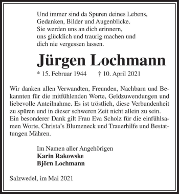 Traueranzeige von Jürgen Lochmann  von Magdeburger Volksstimme