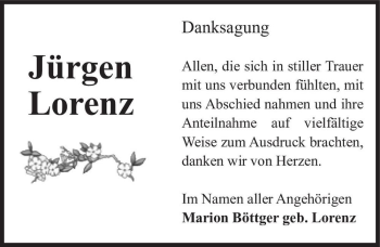 Traueranzeige von Jürgen Lorenz  von Magdeburger Volksstimme