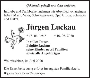 Traueranzeige von Jürgen Luckau  von Magdeburger Volksstimme