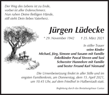 Traueranzeige von Jürgen Lüdecke  von Magdeburger Volksstimme