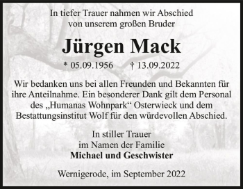 Traueranzeige von Jürgen Mack  von Magdeburger Volksstimme