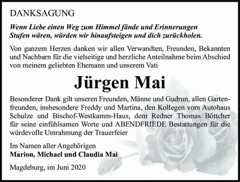  Traueranzeige für Jürgen Mai  vom 06.06.2020 aus Magdeburger Volksstimme