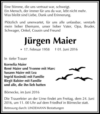 Traueranzeige von Jürgen Maier  von Magdeburger Volksstimme